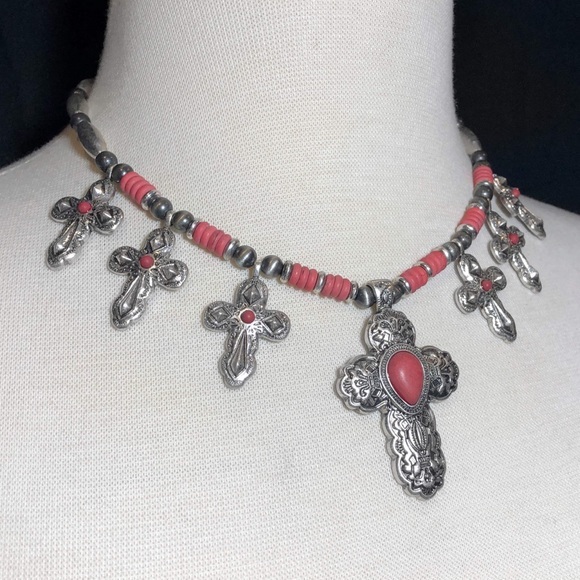 Red Stone 7 Cross Western Necklace Earrings Set - Picture 2 of 3